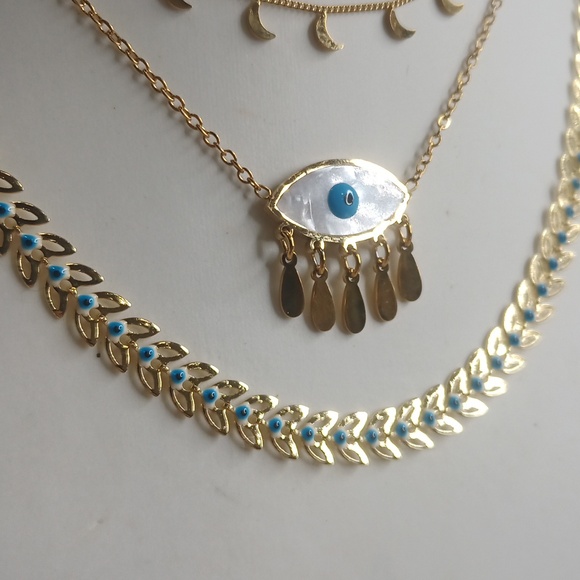Dainty Choker Necklace Evil Eye Moon Star Leaf - Picture 3 of 6